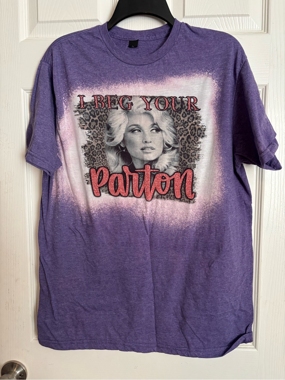 Purple Graphic Tee with 'I Beg Your Parton' Script